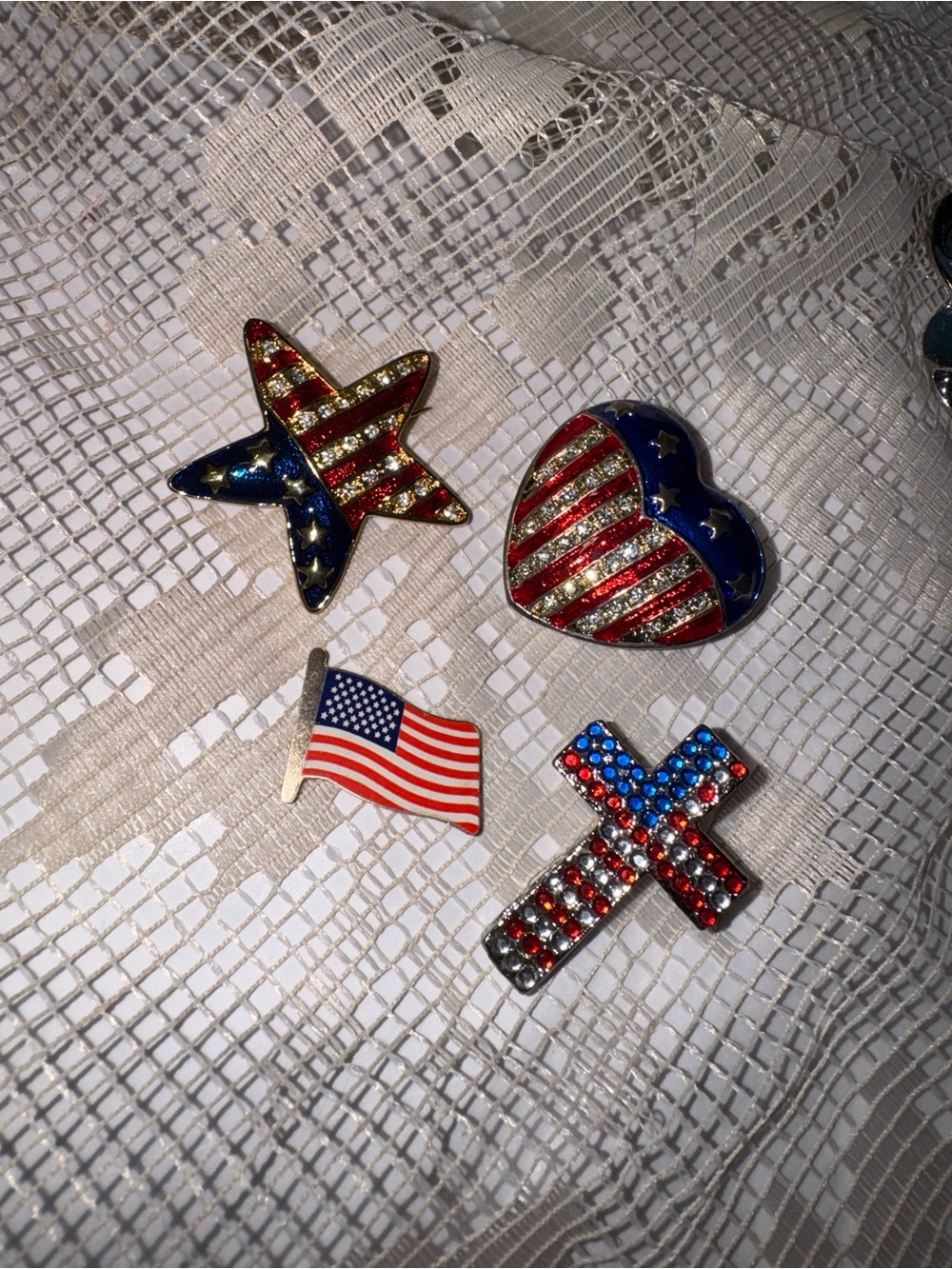 Patriotic Rhinestone Pin Lot - Set of 4 USA Americana Brooches